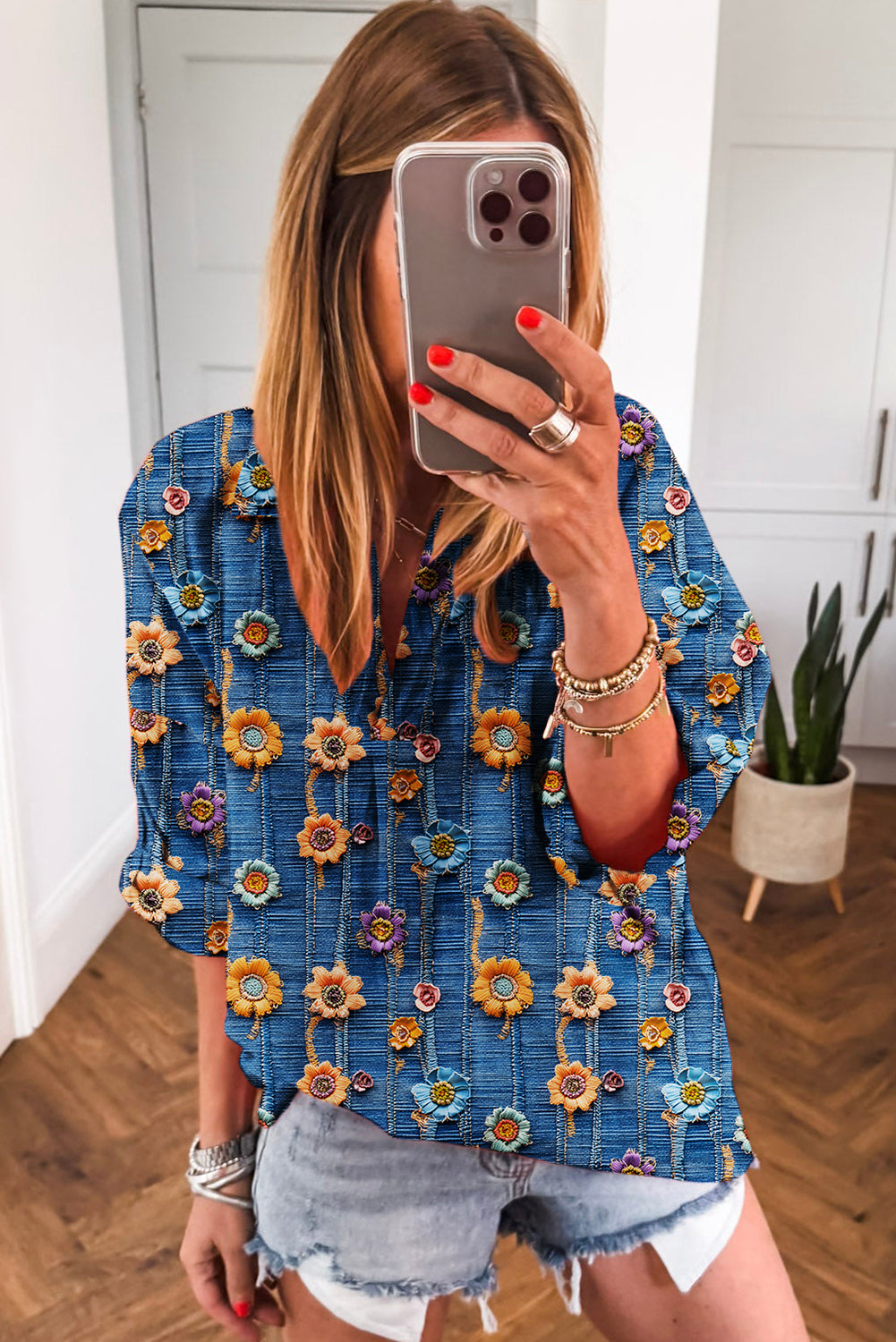 Blue Floral Collared V Neck Roll up Sleeve Shift Blouse