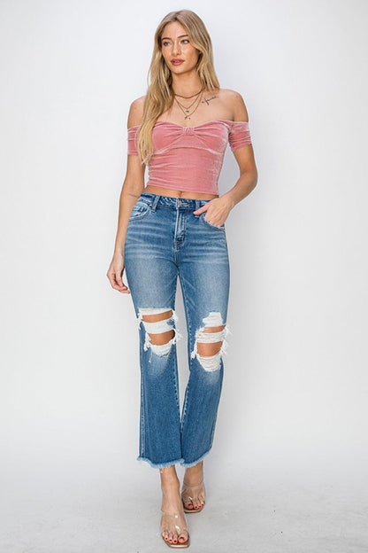 RISEN Mid Rise Distressed Cropped Flare Jeans Carauana Store