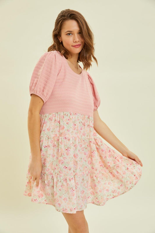 HEYSON Full Size Round Neck Floral Ruffle Hem Mini Dress Carauana Store