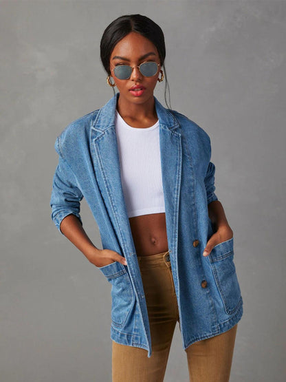 Collared Neck Long Sleeve Denim Jacket Carauana Store