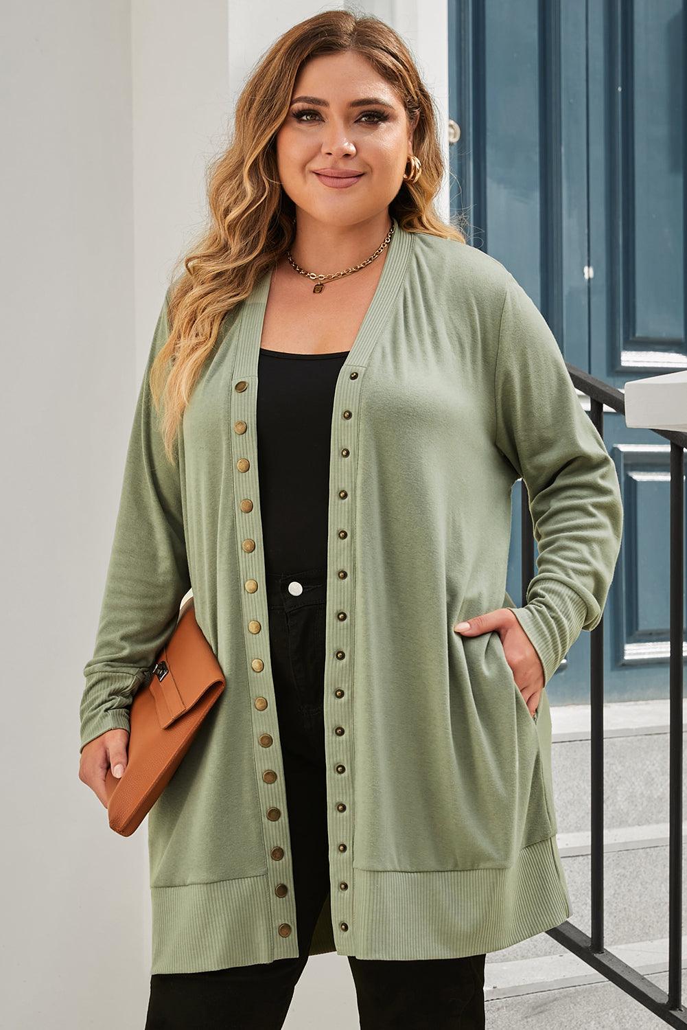 Snap Up V-Neck Long Sleeve Cardigan with Pockets Carauana Store