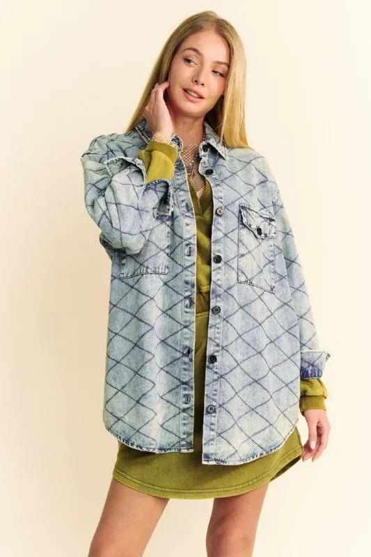 Davi & Dani Curved Hem Diamond Quilted Button Up Denim Shacket Carauana Store