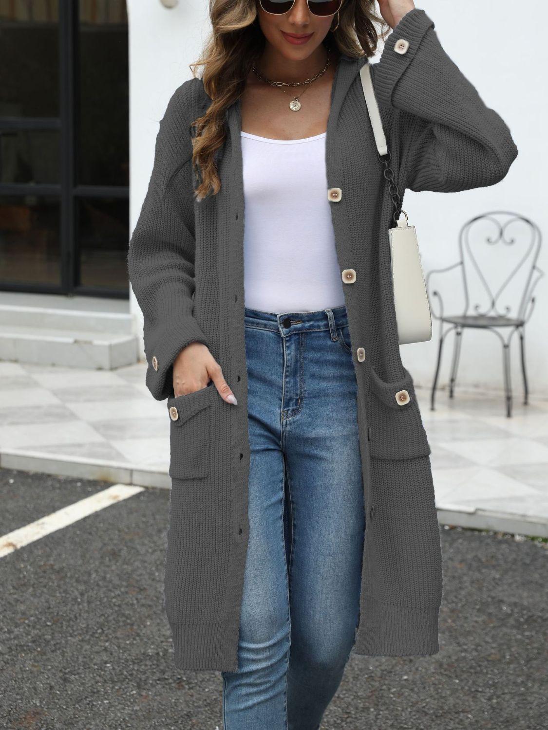 Pocketed Button Up Long Sleeve Hooded Cardigan Carauana Store