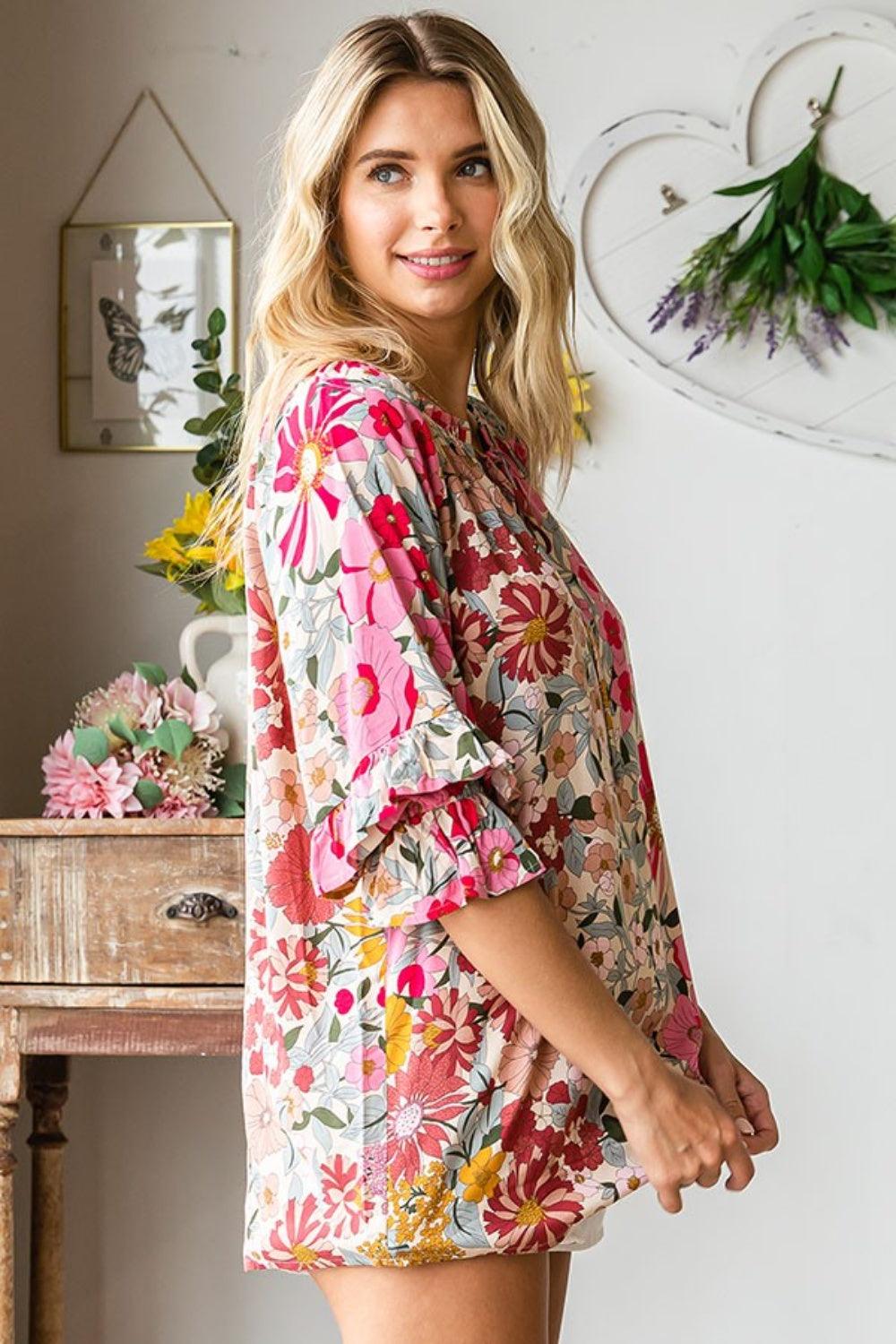 First Love Printed Tie Neck Flounce Sleeve Blouse Carauana Store