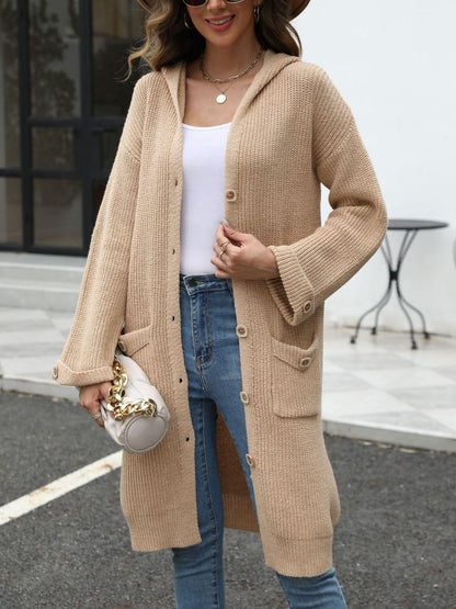 Pocketed Button Up Long Sleeve Hooded Cardigan Carauana Store