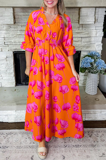 Orange Floral Print Frilly Smocked V Neck 3/4 Sleeve Long Dress