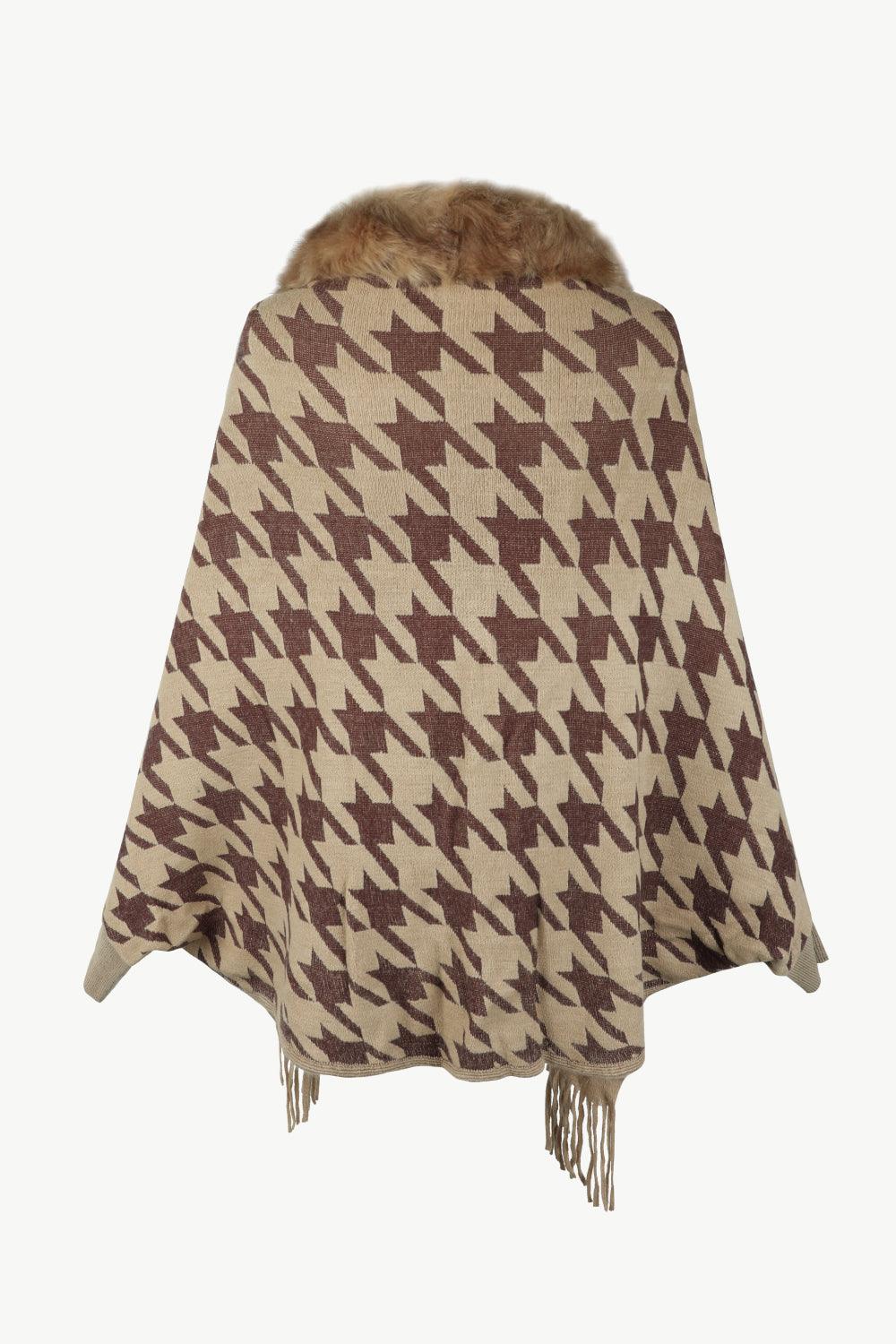 Houndstooth Fringe Hem Poncho Carauana Store