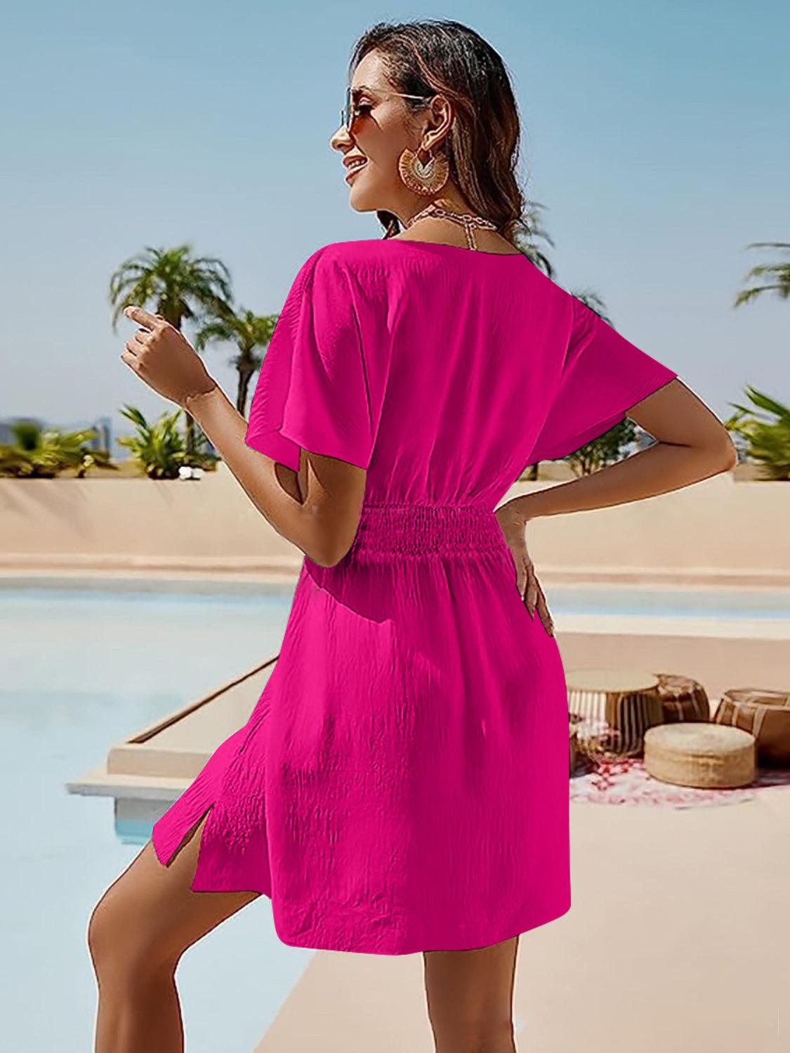 Smocked V-Neck Short Sleeve Dress Carauana Store