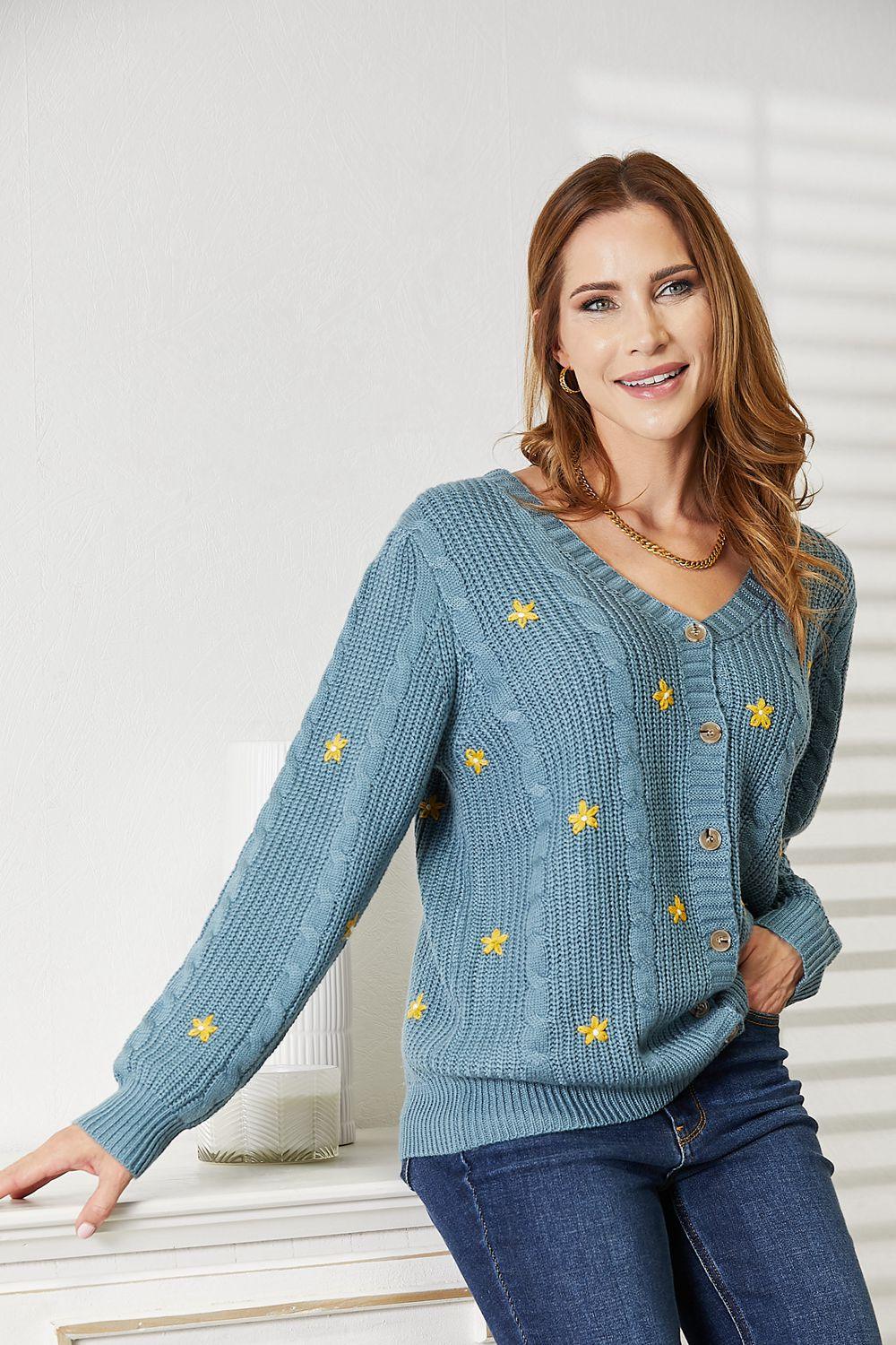 HEYSON Full Size Floral Embroidered Cable Cardigan Carauana Store