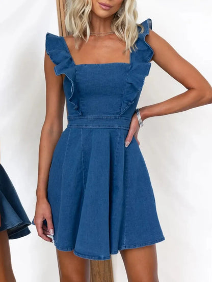 Ruffled Square Neck Denim Mini Dress