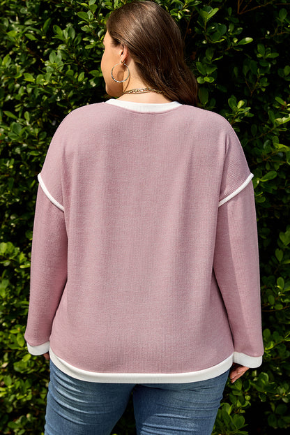 Light Pink Contrast Trim Knitted Drop Shoulder Plus Size Top