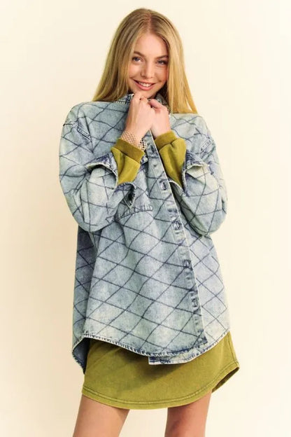 Davi & Dani Curved Hem Diamond Quilted Button Up Denim Shacket Carauana Store