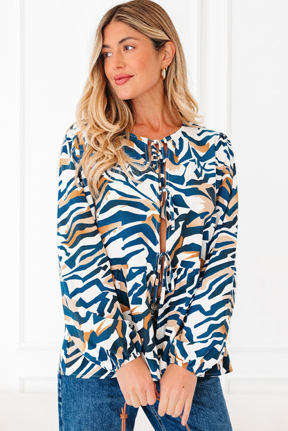 Blue Zebra Print Tied Front Puff Sleeve Top