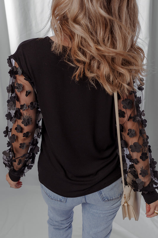 Black Flower Applique Mesh Long Sleeve V Neck Blouse
