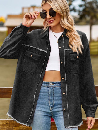 Button Up Collared Neck Raw Hem Denim Top Carauana Store