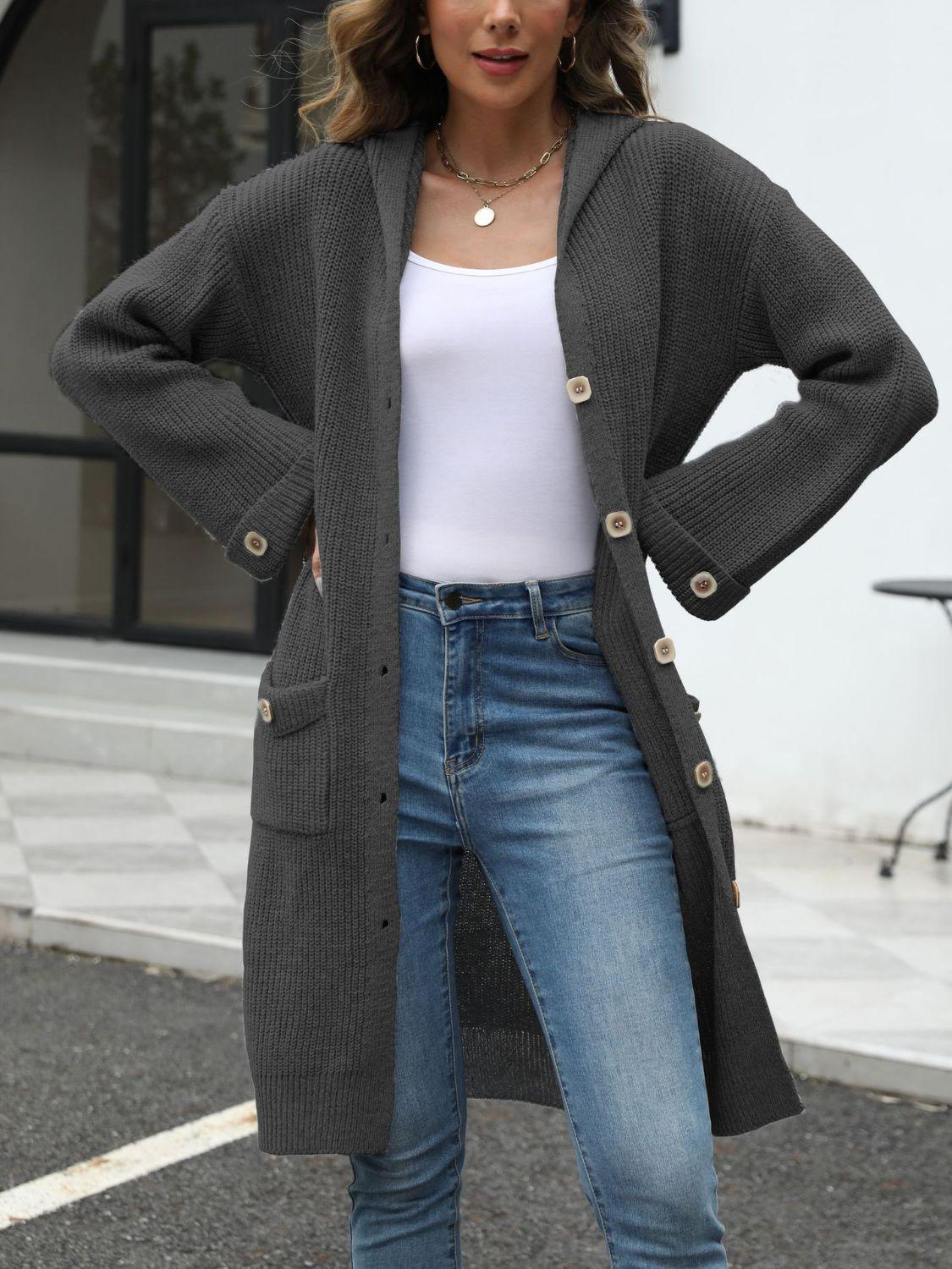 Pocketed Button Up Long Sleeve Hooded Cardigan Carauana Store