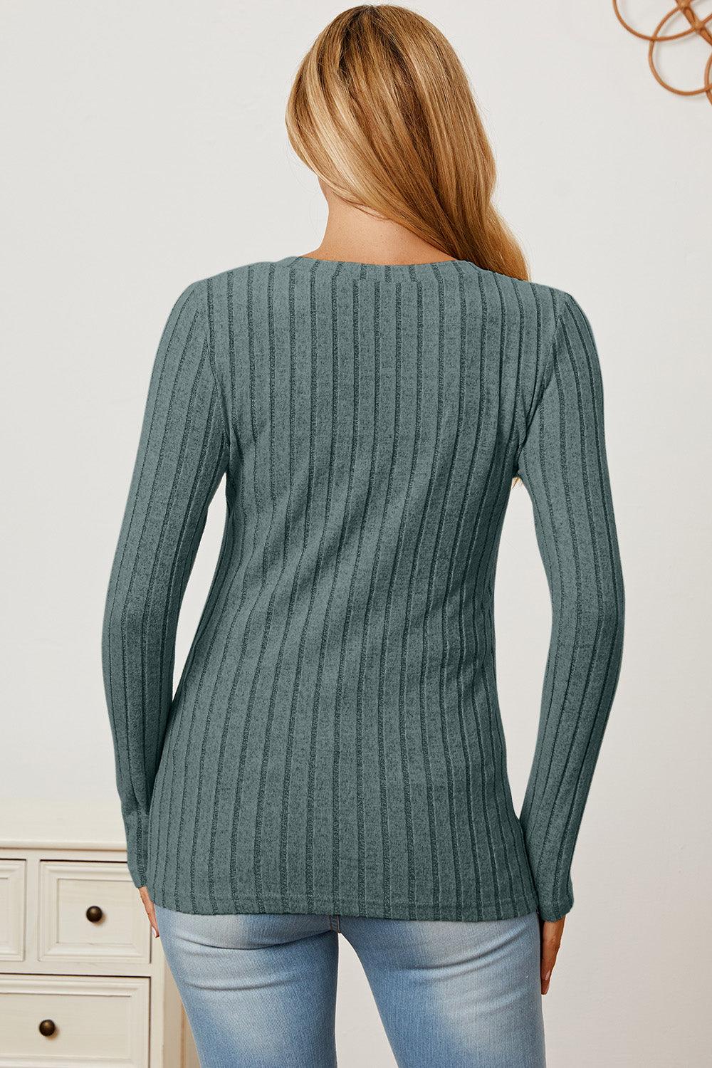 Basic Bae Full Size Ribbed V-Neck Long Sleeve T-Shirt Carauana Store