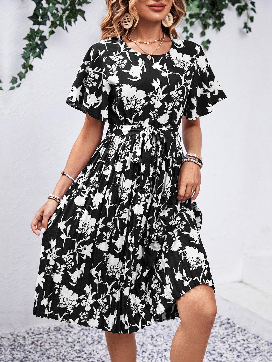 Printed Round Neck Short Sleeve Dress Carauana Store