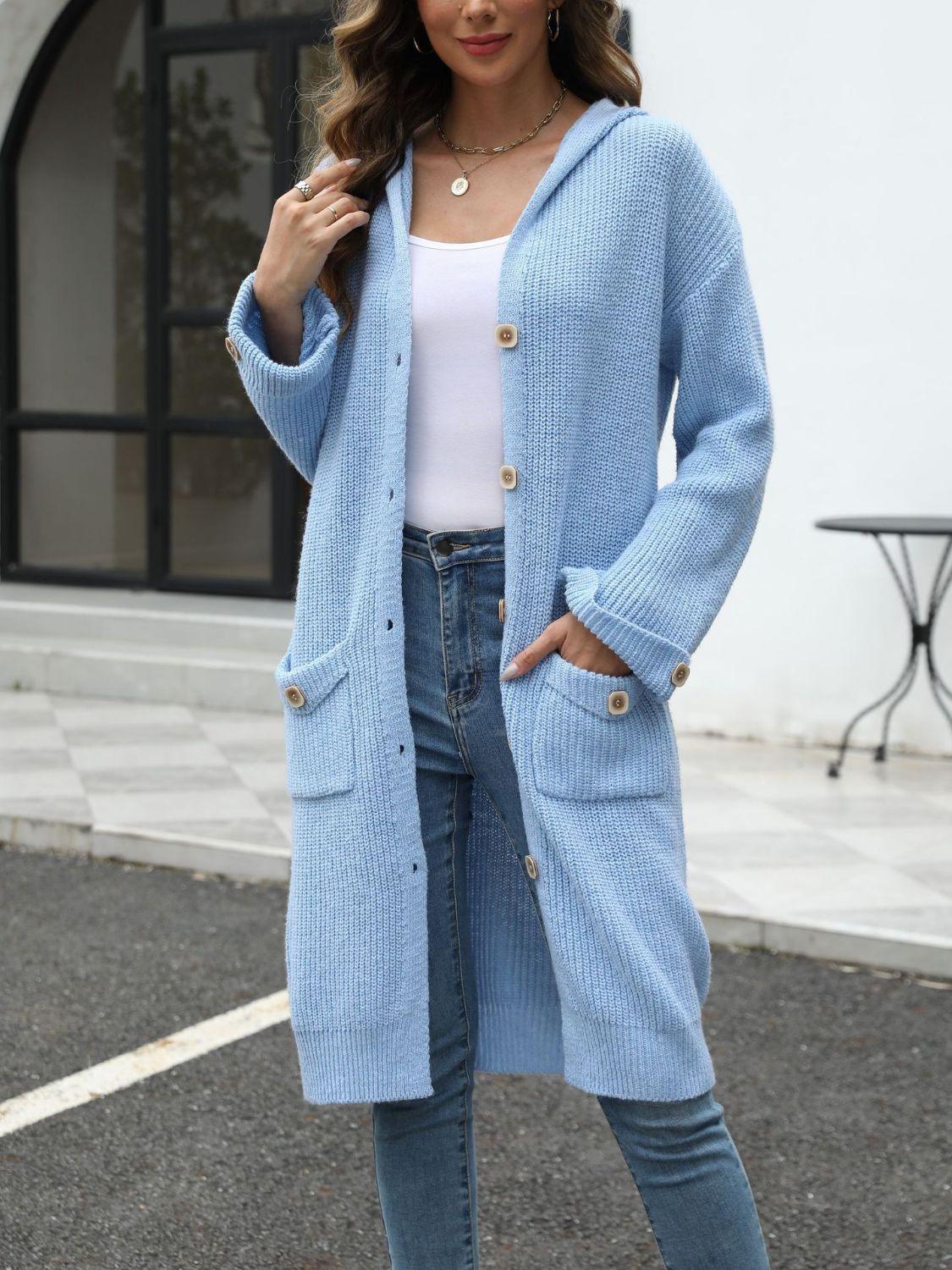 Pocketed Button Up Long Sleeve Hooded Cardigan Carauana Store
