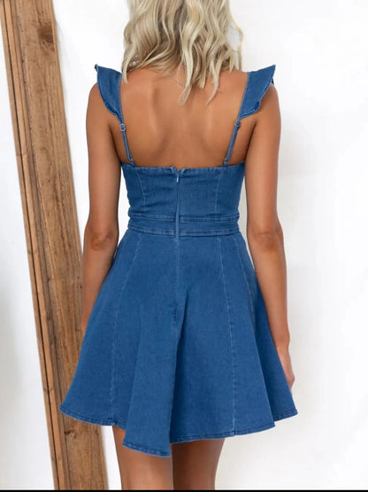Ruffled Square Neck Denim Mini Dress