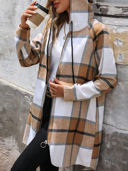 Drawstring Plaid Zip Up Long Sleeve Hooded Outerwear Carauana Store