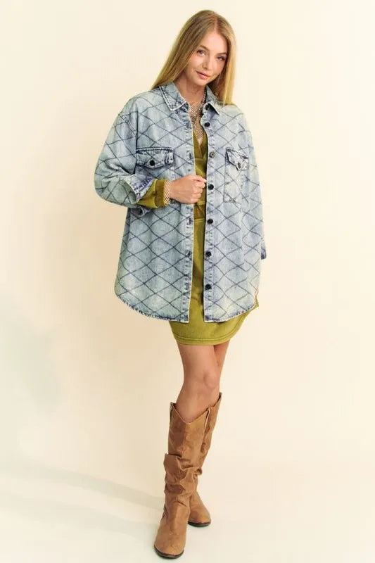 Davi & Dani Curved Hem Diamond Quilted Button Up Denim Shacket Carauana Store