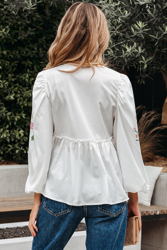 White Flower Print Lace-up V Neck Babydoll Blouse