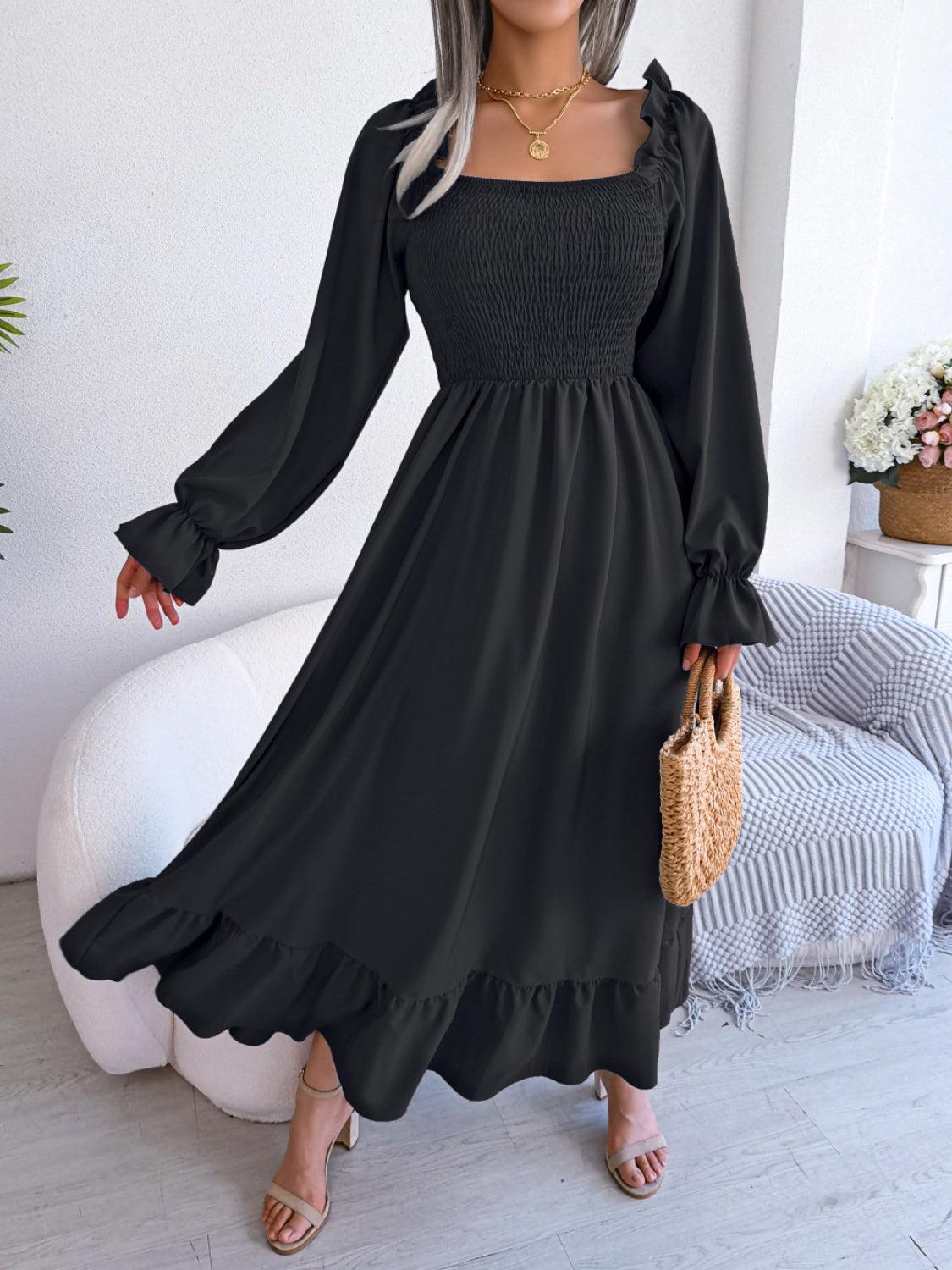 Smocked Square Neck Flounce Sleeve Dress Carauana Store