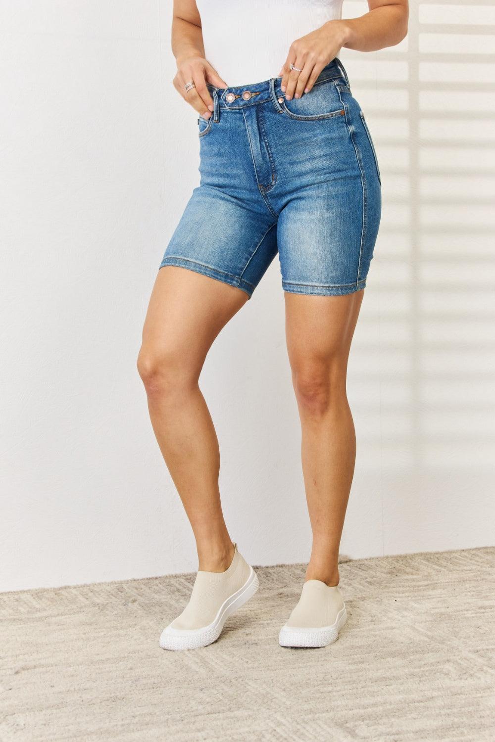 Judy Blue Full Size Tummy Control Double Button Bermuda Denim Shorts Carauana Store