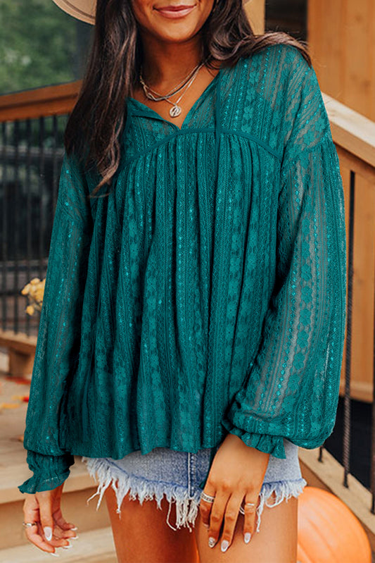 Evergreen Sheer Lace Balloon Sleeve Babydoll Blouse