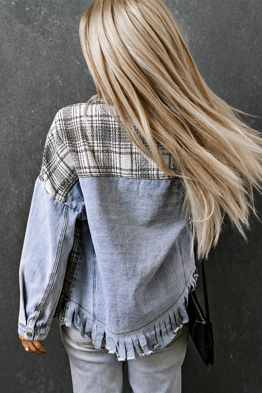 Plaid Pocketed Snap Down Denim Jacket Carauana Store