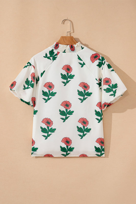 Beige Floral Print Shirred Split Neck Short Sleeve Blouse CaRaUaNa Fashion