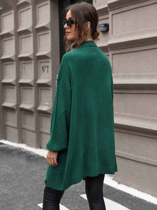 Perfee Pearl Detail Cable-Knit Button Up Cardigan Carauana Store