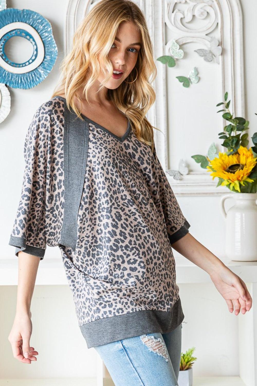 Heimish Full Size Leopard Contrast V-Neck Half Sleeve T-Shirt Carauana Store