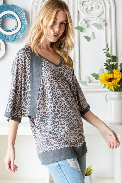 Heimish Full Size Leopard Contrast V-Neck Half Sleeve T-Shirt Carauana Store