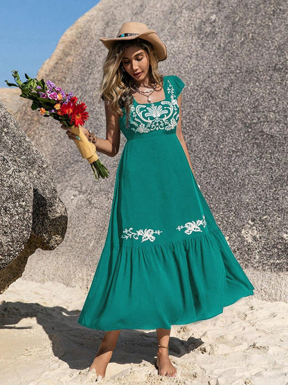 Embroidered Square Neck Cap Sleeve Dress Carauana Store