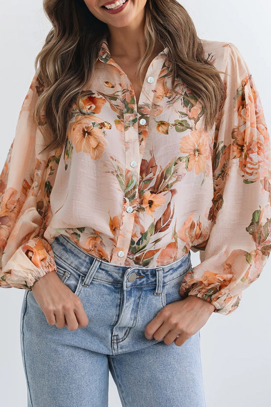 Orange Floral Puff Sleeve Lightweight Shirt