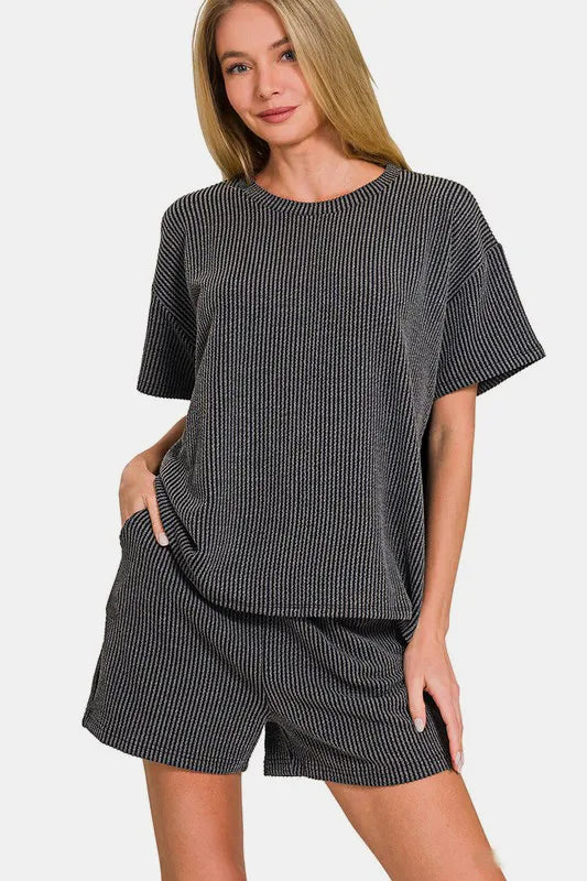 Zenana Rib Short Sleeve T-Shirt and Shorts Set Carauana Store