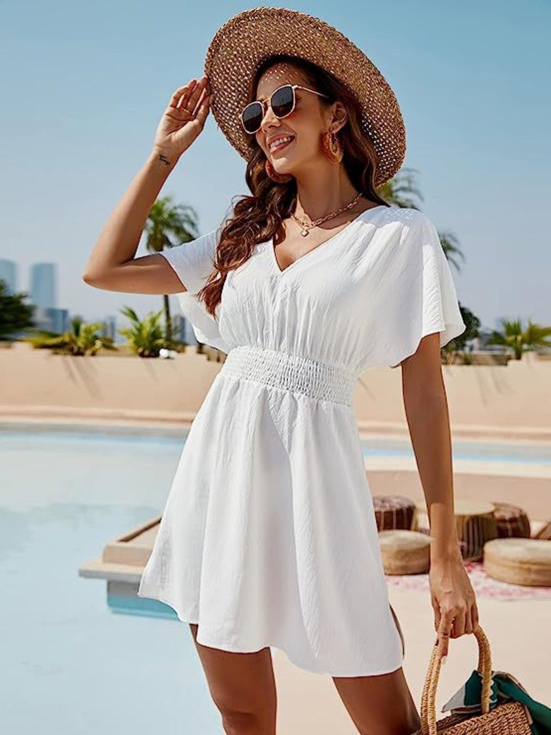 Smocked V-Neck Short Sleeve Dress Carauana Store