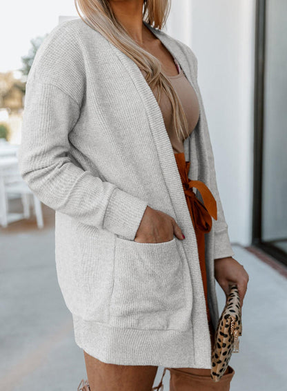 Plus Size Ribbed Open Front Long Sleeve Cardigan with Pockets Carauana Store