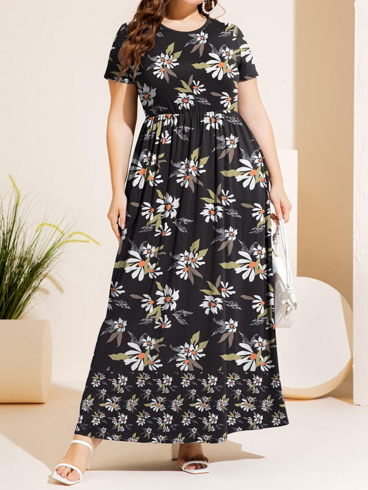 Plus Size Printed Round Neck Short Sleeve Maxi Dress Carauana Store