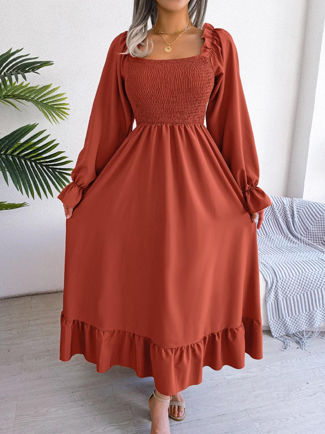 Smocked Square Neck Flounce Sleeve Dress Carauana Store