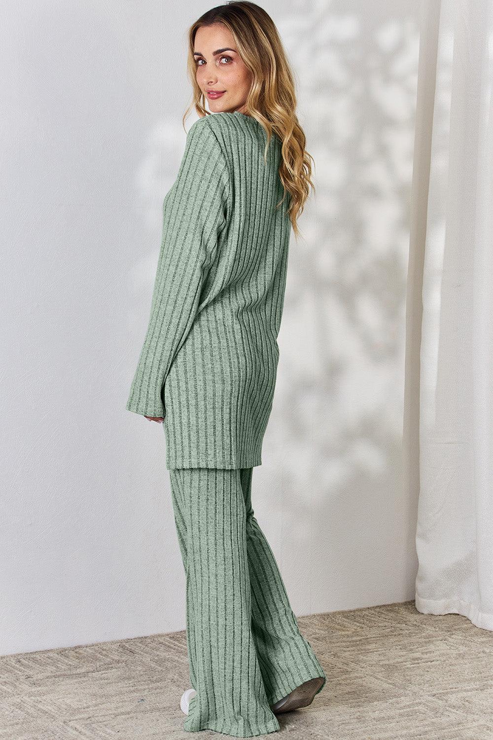 Basic Bae Full Size Ribbed High-Low Top and Wide Leg Pants Set Carauana Store