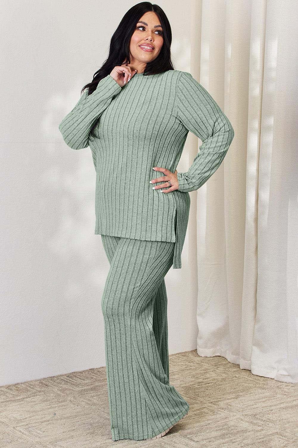 Basic Bae Full Size Ribbed High-Low Top and Wide Leg Pants Set Carauana Store
