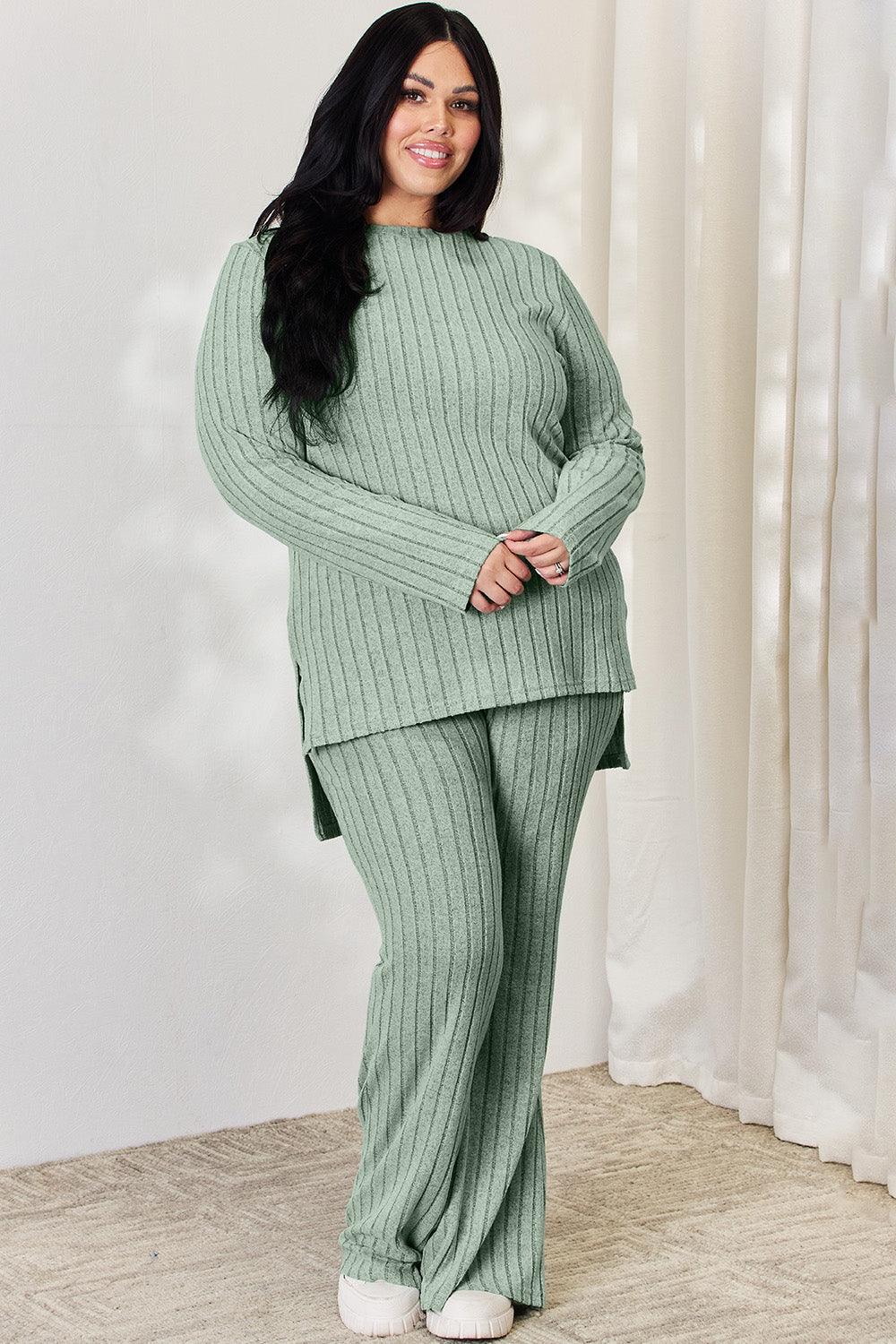 Basic Bae Full Size Ribbed High-Low Top and Wide Leg Pants Set Carauana Store