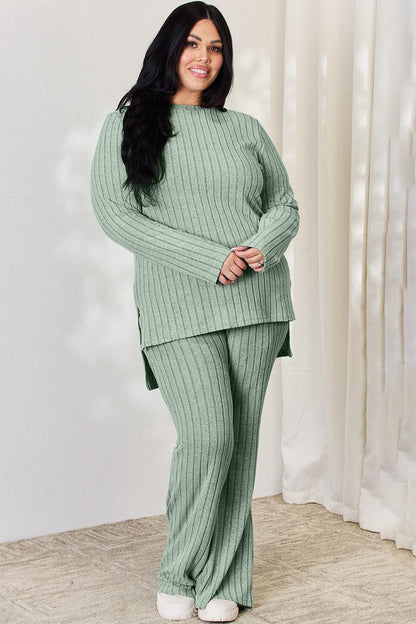 Basic Bae Full Size Ribbed High-Low Top and Wide Leg Pants Set Carauana Store