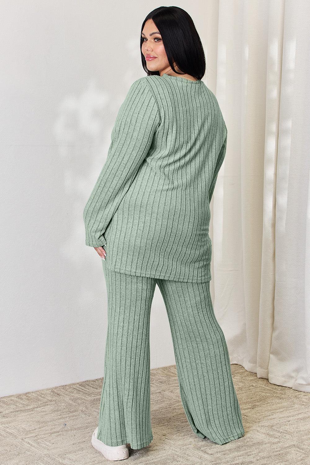 Basic Bae Full Size Ribbed High-Low Top and Wide Leg Pants Set Carauana Store