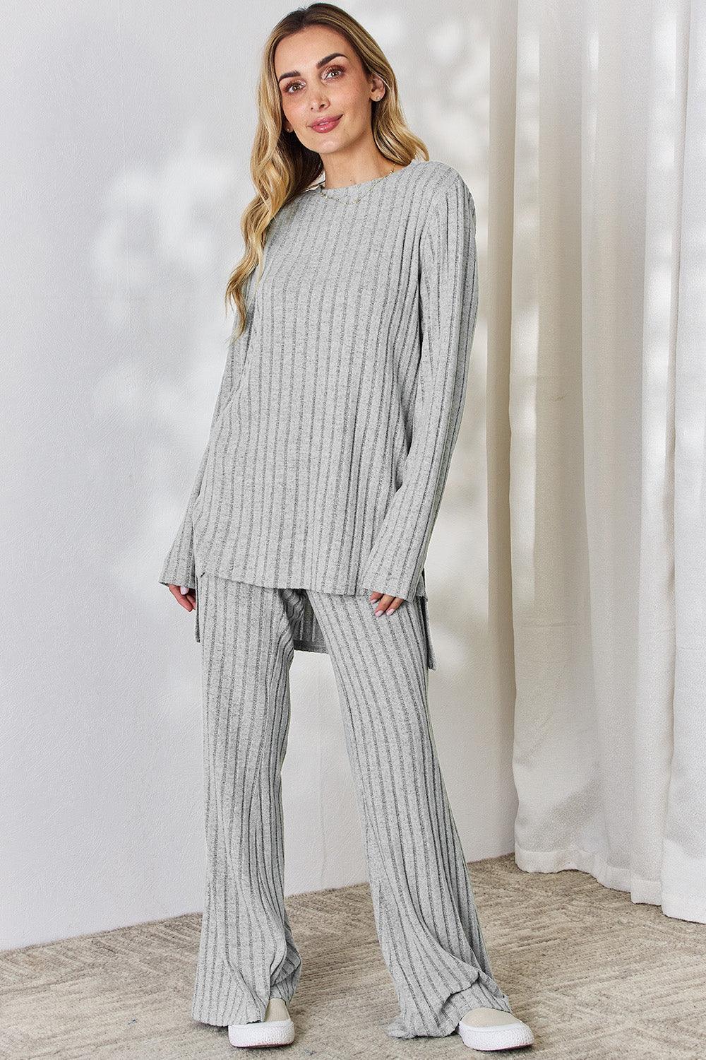 Basic Bae Full Size Ribbed High-Low Top and Wide Leg Pants Set Carauana Store