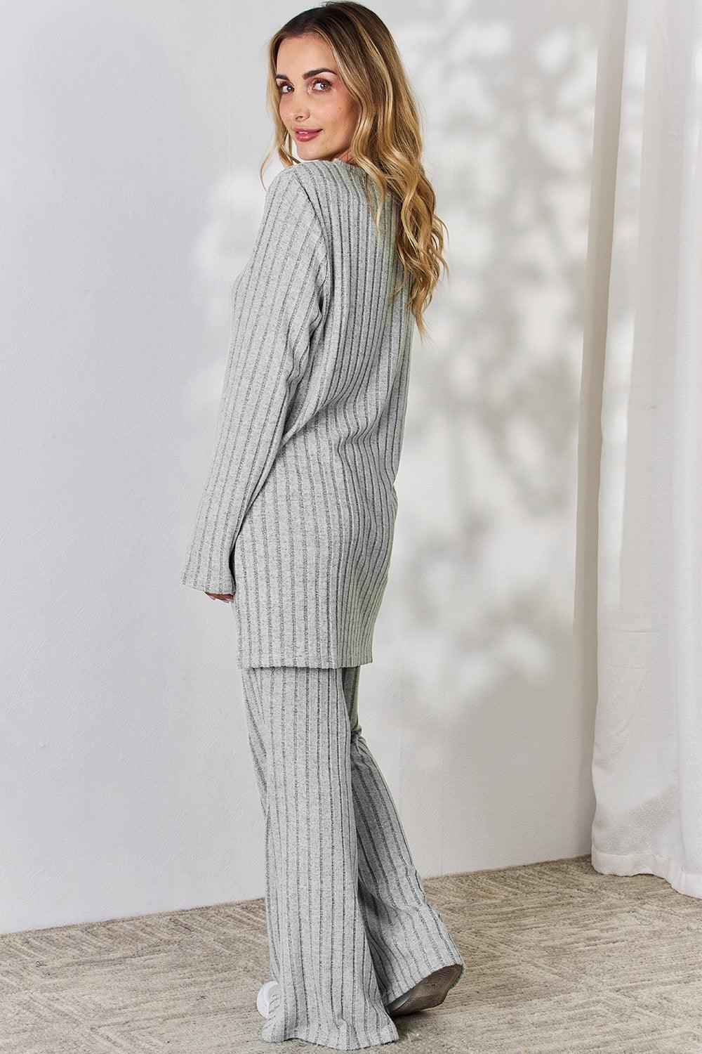 Basic Bae Full Size Ribbed High-Low Top and Wide Leg Pants Set Carauana Store