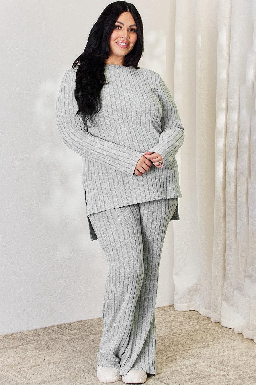 Basic Bae Full Size Ribbed High-Low Top and Wide Leg Pants Set Carauana Store